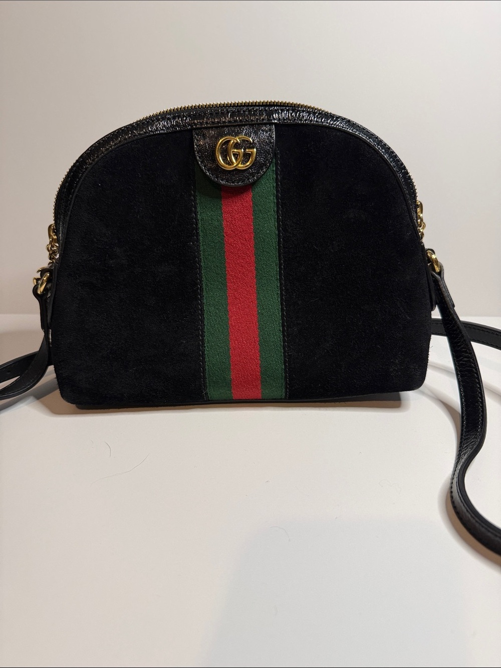 Gucci Black Suede Crossbody with Green and Red Web Stripe